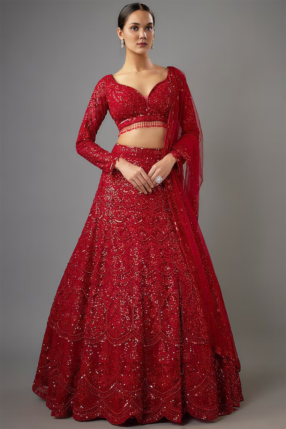 Buy Red Net Resham Work Lehenga Set by Shlok Design for women online at ScrollnShops